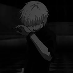 an anime character with white hair and black shirt holding his hand up to the side