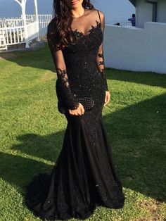 Mermaid Black Dress Evening Gown Sequin Prom Dress Sparkle Formal Gown Sweep / Brush Train Long Sleeve Illusion Neck Lace with Appliques 2024 2024 - $127.99 Sequin Prom Dresses Long, Evening Dresses Online, Cheap Evening Dresses, Sequin Prom Dress, Party Kleidung, Illusion Dress, فستان سهرة, Sparkle Dress, Black Evening Dresses