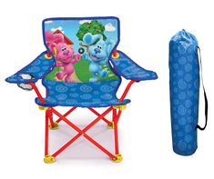 an inflatable chair with a bag next to it and the seat cover is blue