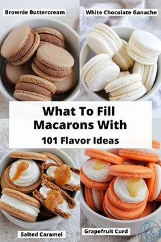 four types of macarons each in separate bowls. Macaron Filling Ideas, Best Macaron Recipe, Macaroon Filling, Curd Recipes, Buttercream Ganache, French Macaroon Recipes, Digital Cookbook, Macaron Filling, French Baking