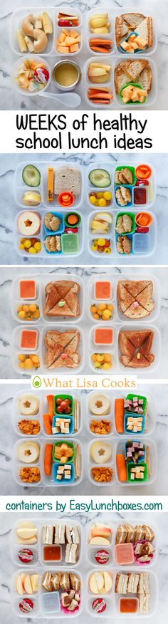 lunch boxes filled with different types of food and the words week's of healthy school lunch ideas