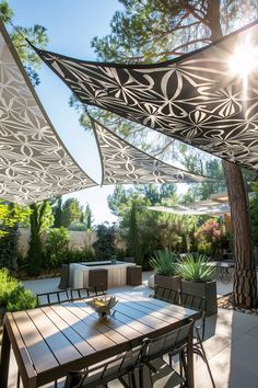 an outdoor dining area with wooden table and chairs under the awning, surrounded by greenery