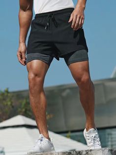 Black Casual Collar  Woven Fabric Plain Straight Leg Embellished Non-Stretch  Men Bottoms Short Hombre, Husband Clothes, Product Photoshoot, Fitness Shorts, Contrast Piping, Men's Beauty, Sport Shorts