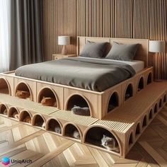 a bed that is made out of wood and has multiple holes in the bottom half