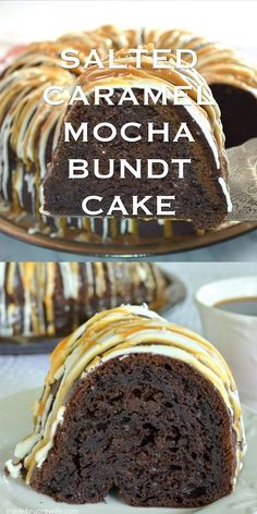 a cake that has been sliced and is sitting on a plate with the words salted caramel mocha bundt cake