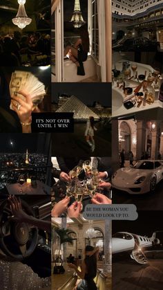 a collage of photos with people and cars in the foreground, one person holding money