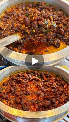 two pans filled with food sitting on top of a stove next to each other