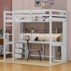 a white bunk bed with desk and chair underneath it in a pink walled room next to a wooden floor