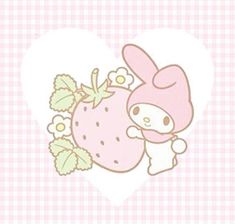 a drawing of a bunny hugging a strawberry