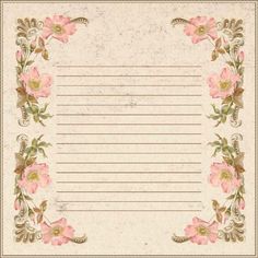 an old fashioned paper with pink flowers and scrolls on the border is shown in this image