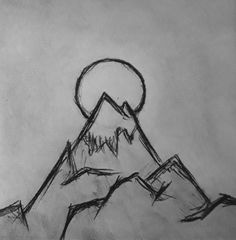 a black and white drawing of a mountain with a moon in the sky above it