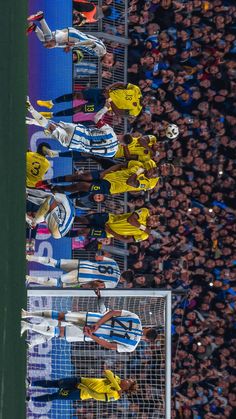 the soccer players are lined up in front of the goalie's net and fans