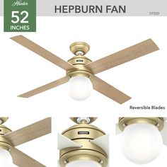 the ceiling fan is shown with four different blades and two light bulbs on each side