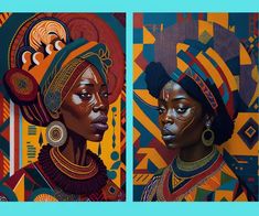 two paintings of african women with bright colors