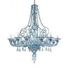 a blue chandelier with crystal drops hanging from it's center and sides