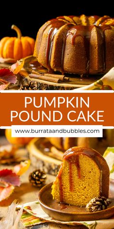 pumpkin pound cake with caramel drizzle on the top, and an orange bundt cake in the middle