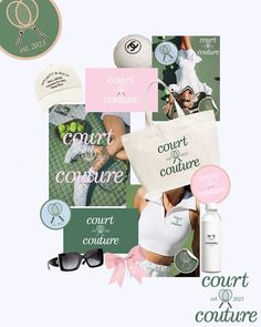 I created my own brief - court couture is a high end trendy & stylish athleisure fashion brand, selling mainly tennis clothing & accessories. (all images sourced from pinterest) I loved putting this branding together! Also loveee presenting brand projects through a collage. What do you guys think and would you buy Court Couture? 🌸 Fashion Branding Ideas, Vintage Fashion Branding, Poshmark Header Image, Romantic Branding Design, High Fashion Graphic Design, Design Studio Aesthetic, Athleisure Branding, Tennis Collage, Collage Branding