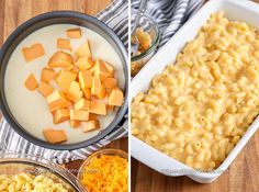 two pictures side by side with different types of macaroni and cheese in them