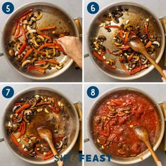 four pictures showing how to cook mushrooms and peppers