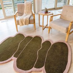 a living room with chairs and rugs in front of large windows on the floor