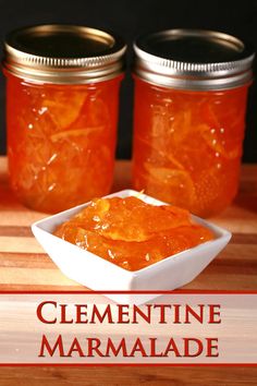 homemade marmalade in small white bowl on wooden cutting board with text overlay