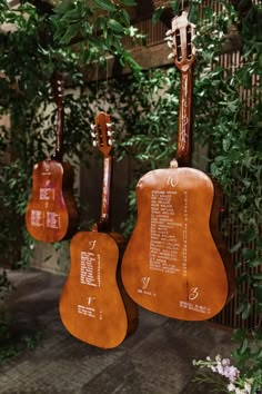 three guitars are hanging from the tree