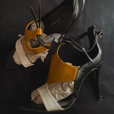 Pointed Toe. Strap And Buckle Design. Never Worn, Excellent Condition. Zara Yellow Round Toe Heels, Zara Yellow High Heels, Elegant Yellow Zara Heels, Zara Shoes, Zara Black, Tri Color, Black N Yellow, Shoes Women Heels, Shoes Heels