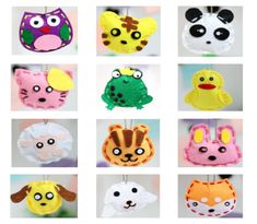 twelve felt animal ornament ornaments in different colors and sizes, with faces on them