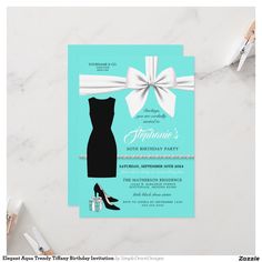 a blue and white birthday party card with a dress, high heel shoe and ribbon