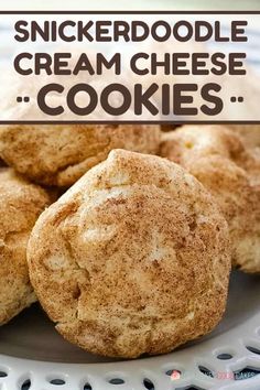 a plate with cookies on it and the words, snickkerdoodle cream cheese cookies