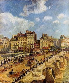 a painting of people walking across a bridge over a river with buildings in the background