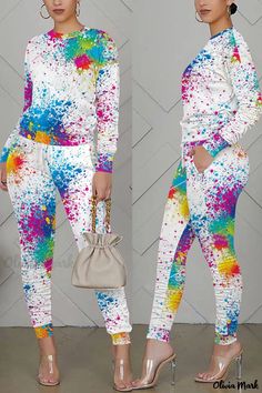 Olivia Mark - Chic Womens Blue Floral Patchwork Two-Piece Set with Elegant O-Neck and Long Sleeves Casual Multicolor Patchwork Sets, Casual Blue Color Block Sets, Spring Multicolor Color Block Sets, Spring Multicolor Patchwork Sets, White Long Sleeve Color Block Sets, Purple Fashion Casual, Jogger Pants Outfit, Floral Patchwork, Chill Outfits