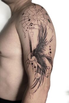 a man's arm with a feather tattoo on the left side of his arm