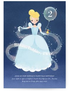 a birthday card with a princess holding a balloon and number two on the front, in blue