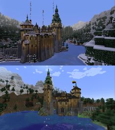 two different views of a castle in minecraft