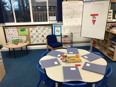 a classroom with several tables and chairs in it