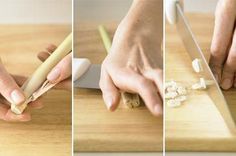 three pictures showing how to cut onions on a cutting board