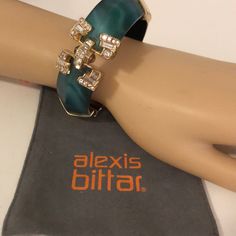 Alexis Bittar Highly Collectible Worldwide Art Deco Lucite Metals, Plating, Swarosky Crystals Art Deco Bracelet ! Opens And Closes No Locks ! If You Know Ab You Will Know You Slip This Of And On And It Looks Like Jewels From A Vault ! Amazing ! Slight Scuffing And Minute Scrapes On Metal Never Used But Time Takes A Toll ! Duster No Paperwork Or Designer Tag Store Ticket ! Look At Gold Plated Ornaments They Show Time And Scuffing We Have Not Polished Nor Cleaned’iscuffing From Being A Store Displ Designer Blue Jewelry For Parties, Elegant Turquoise Bracelet For Party, Elegant Blue Bracelets For Evening, Elegant Blue Evening Bracelets, Crystals Art, Alexis Bittar Earrings, Crystal Spikes, Geometric Stone, Show Time