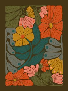 an image of flowers and leaves on a brown background