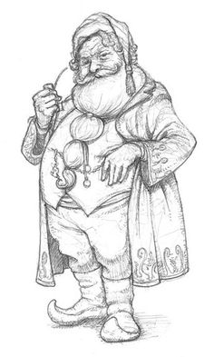 a drawing of santa claus holding a bag and looking at something in his hand while standing