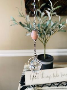 a pink bead hanging from a metal chain next to a potted plant