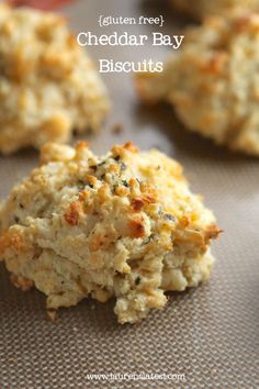 cheddar bay biscuits on a baking sheet with the words gluten free