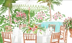 a watercolor painting of an outdoor dining area with potted plants on the table