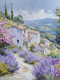 an oil painting of lavenders and houses on a hill with mountains in the background