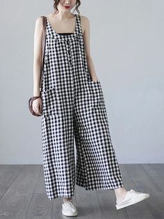 Moongor Literary Plaid Sleeveless Casual Loose Jumpsuit Black Cotton Jumpsuit For Summer, Black Cotton Overalls For Summer, Black Cotton Summer Overalls, Casual Cotton Sleeveless Jumpsuits And Rompers, Casual Sleeveless Cotton Jumpsuits And Rompers, Sleeveless Cotton Jumpsuits And Rompers With Pockets, Summer Cotton Jumpsuits And Rompers For Work, Cotton Jumpsuits And Rompers For Summer Workwear, Cotton Summer Jumpsuits And Rompers For Workwear