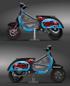 three views of a motorcycle with the numbers on it