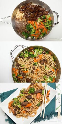 two pictures of stir fry with broccoli, carrots and beef in it