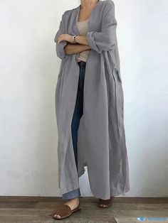 Orcajump - Solid Open Front Belted Overcoat, Versatile Long Sleeve Pockets Maxi Length Coat , Women's Clothing Long Gray Outerwear With Pockets, Gray Long Outerwear With Pockets, Long Solid Outerwear With Pockets, Casual Long Non-stretch Outerwear, Long Non-stretch Casual Outerwear, Casual Long Outerwear With Pockets, Gray Outerwear For Spring, Casual Long Plain Outerwear, Summer Long Sleeve Outerwear With Pockets