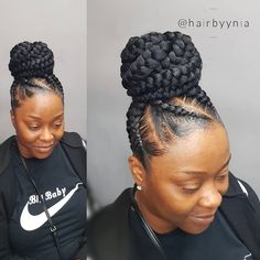 Easy Bun Braid Hairstyles, Braided Bun With Two Side Braids Black Women, Cornrows With Bun On Top, 6 Braids Into A Bun, Bun Braids For Black Women, Feed In Braids Into Low Bun With Curls, Feed In Braids Bun On Top, Braids In A Bun, Braid Up Back Of Head Into Bun