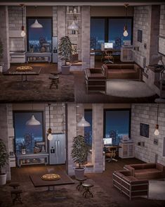 four different views of a living room and dining room in the same apartment at night